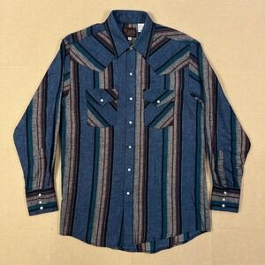 Plains Western Wear Pearl Snap Flannel Shirt Mens M Blue Striped Long Sleeve